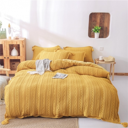 91家纺网 家纺一手货源 找家纺 眠屿 2019新款针织绒四件套 姜黄