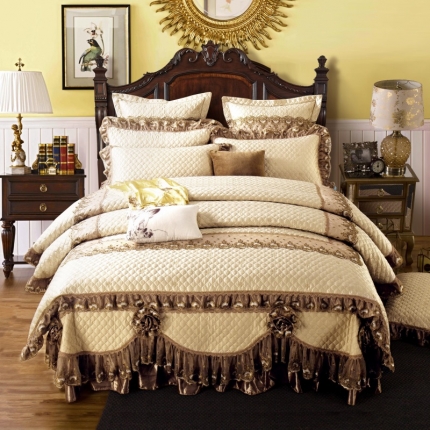 91家纺网 家纺一手货源 找家纺 兴美佳家纺 高档奢华欧式宫廷风加棉四件套巴黎舞曲驼色