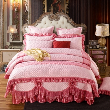 91家纺网 家纺一手货源 找家纺 兴美佳家纺 高档奢华欧式宫廷风加棉四件套巴黎舞曲粉色