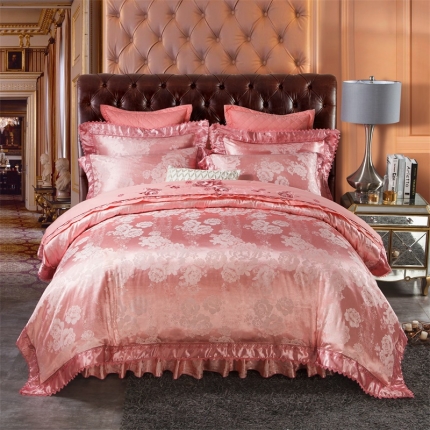 兴美佳家纺欧式刺绣花夹棉床笠式床罩床裙四件套卢西利庄园—粉玉