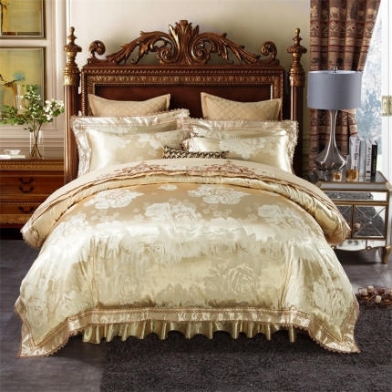 兴美佳家纺 欧式刺绣花夹棉床笠式床罩床裙四件套罗密欧—香槟驼