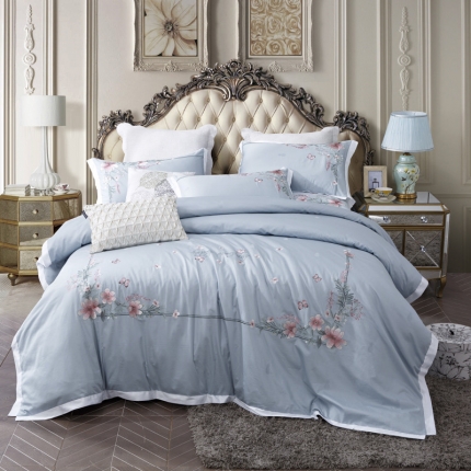 91家纺网 家纺一手货源 找家纺 总兴美佳100S澳棉高端绣花床单床裙床笠四件套花语韶华牡丹莎