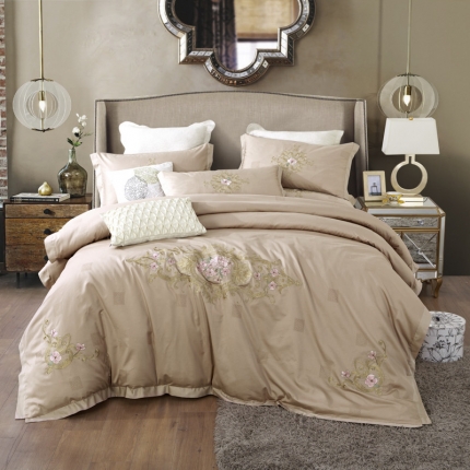 91家纺网 家纺一手货源 找家纺 总兴美佳100S澳棉高端绣花床单床裙床笠四件套花语韶华牡丹莎