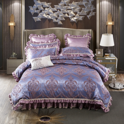 91家纺网 家纺一手货源 找家纺 兴美佳欧式提花贡缎双层花边夹棉床单床裙四件套千岛丽人