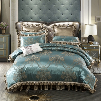 91家纺网 家纺一手货源 找家纺 兴美佳欧式提花贡缎双层花边夹棉床单床裙四件套千岛丽人