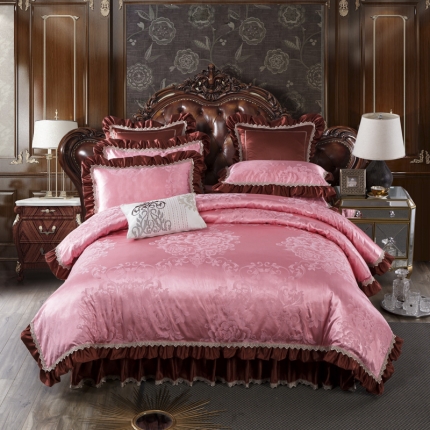 91家纺网 家纺一手货源 找家纺 兴美佳欧式提花贡缎双层花边夹棉床单床裙四件套千岛丽人