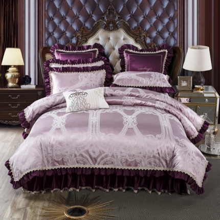 91家纺网 家纺一手货源 找家纺 兴美佳欧式提花贡缎双层花边夹棉床单床裙四件套千岛丽人