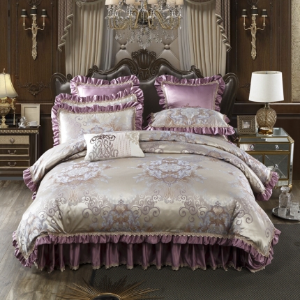 91家纺网 家纺一手货源 找家纺 兴美佳欧式提花贡缎双层花边夹棉床单床裙四件套千岛丽人