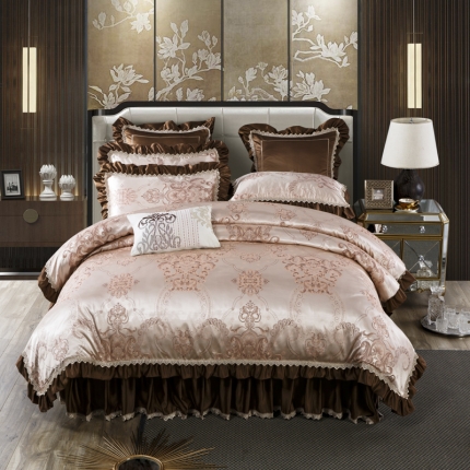 91家纺网 家纺一手货源 找家纺 兴美佳欧式提花贡缎双层花边夹棉床单床裙四件套千岛丽人