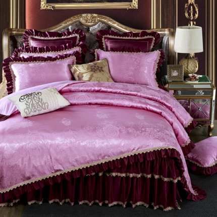 91家纺网 家纺一手货源 找家纺 兴美佳欧式提花贡缎双层花边夹棉床单床裙四件套千岛丽人