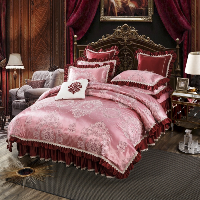 91家纺网 家纺一手货源 找家纺 兴美佳欧式提花贡缎双层花边夹棉床单床裙四件套玫瑰情缘