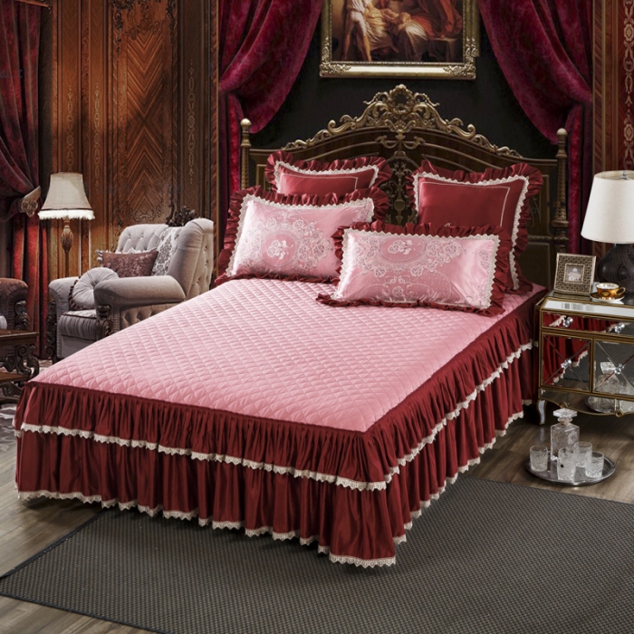 91家纺网 家纺一手货源 找家纺 兴美佳欧式提花贡缎双层花边夹棉床单床裙四件套玫瑰情缘