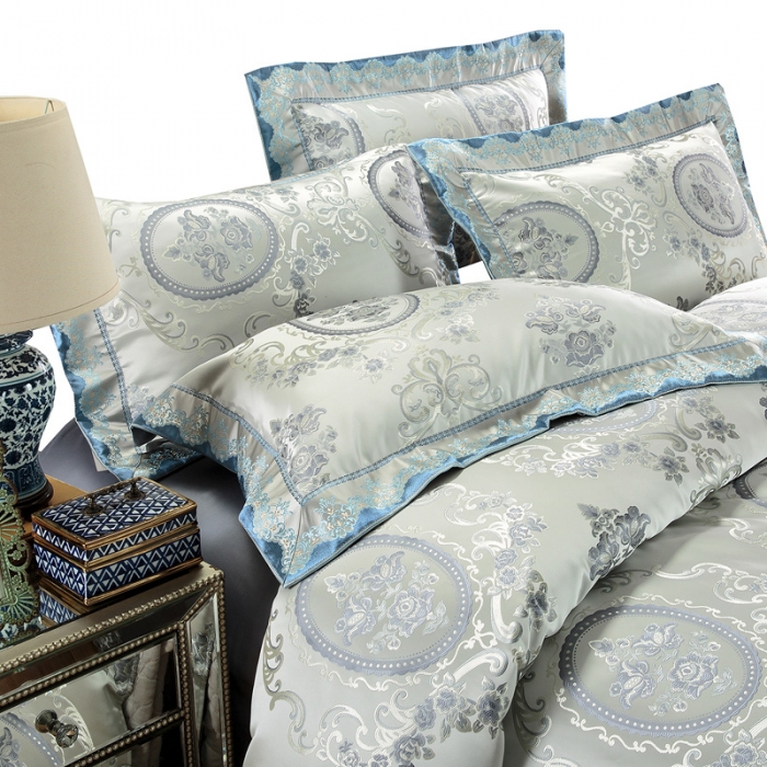 91家纺网 家纺一手货源 找家纺 OL2020浮雕色织大提花宫庭奢华样板房床单床盖四件套暗香魅影（蓝）