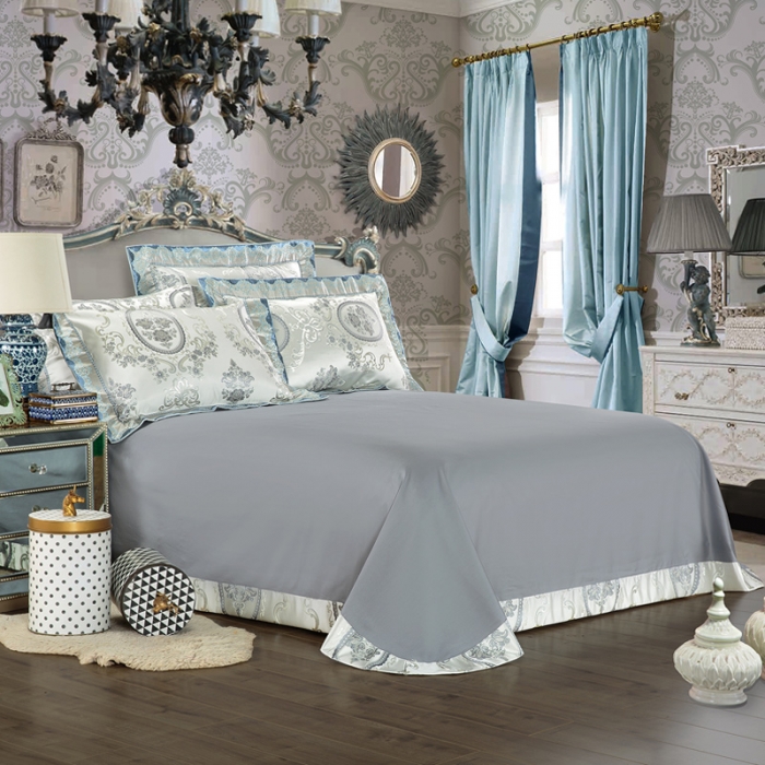 91家纺网 家纺一手货源 找家纺 OL2020浮雕色织大提花宫庭奢华样板房床单床盖四件套暗香魅影（蓝）