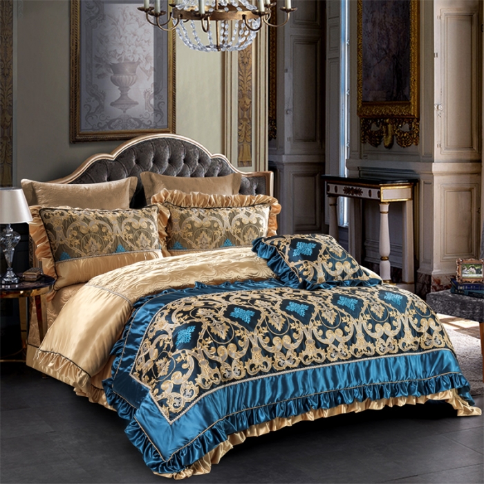 91家纺网 家纺一手货源 找家纺 2020样板房奢华60长绒棉高端刺绣贴身贡缎多件套 格林童话-香槟金