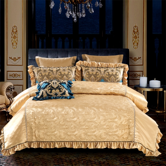 91家纺网 家纺一手货源 找家纺 2020样板房奢华60长绒棉高端刺绣贴身贡缎多件套 格林童话-香槟金