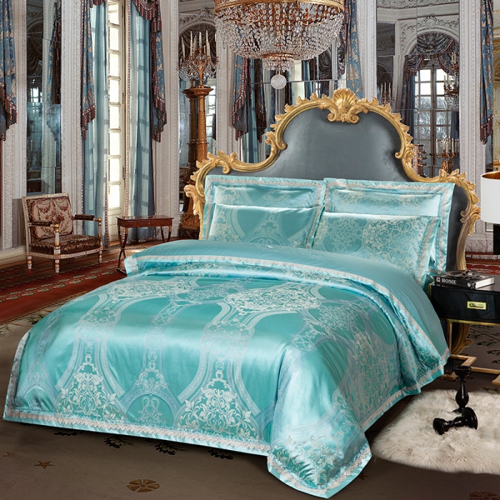 91家纺网 家纺一手货源 找家纺 OL家纺 欧式轻奢丝加棉贡缎大提花床盖四件套 欧曼丽影-湖蓝