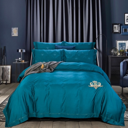 91家纺网 家纺一手货源 找家纺 OL家纺 2020新款80长绒棉刺绣四件套  湖蓝