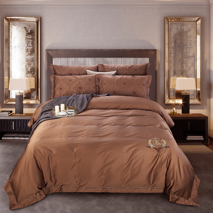 91家纺网 家纺一手货源 找家纺 OL家纺 2020新款80长绒棉刺绣四件套 咖啡