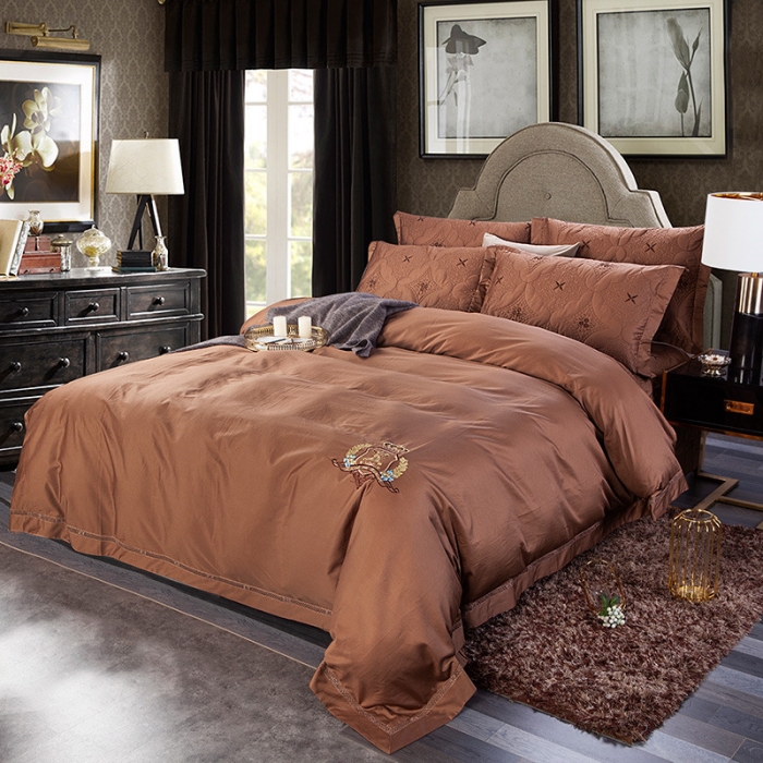 91家纺网 家纺一手货源 找家纺 OL家纺 2020新款80长绒棉刺绣四件套 咖啡