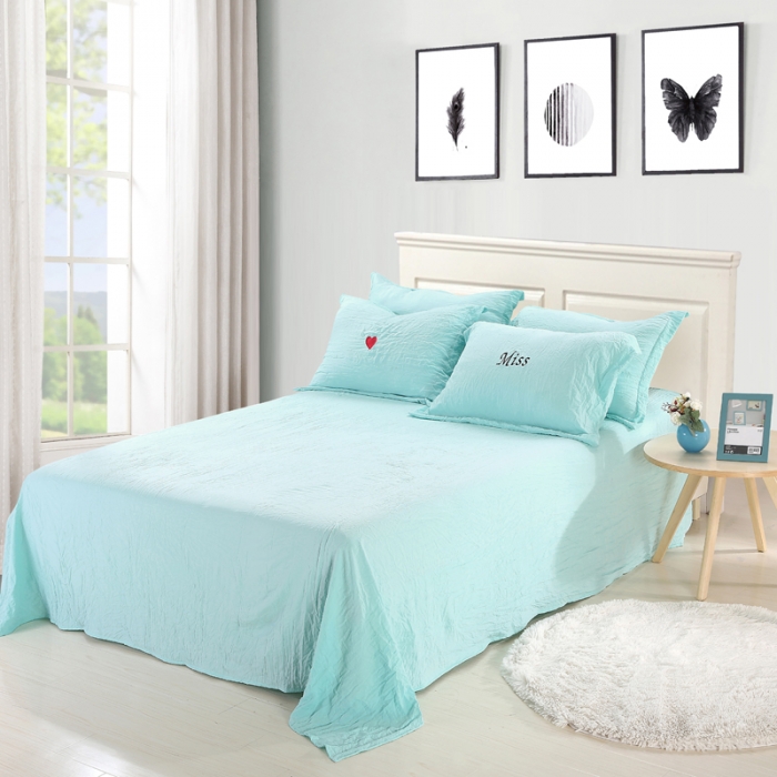 91家纺网 家纺一手货源 找家纺 睡美美家纺 2025新款水洗棉四件套床单款 水蓝