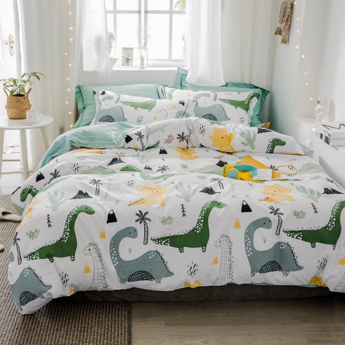 91家纺网 家纺一手货源 找家纺 由丽春臻棉全棉全棉四件套小中大被套放预缩恐龙园