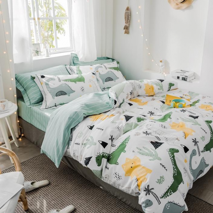 91家纺网 家纺一手货源 找家纺 由丽春臻棉全棉全棉四件套小中大被套放预缩恐龙园