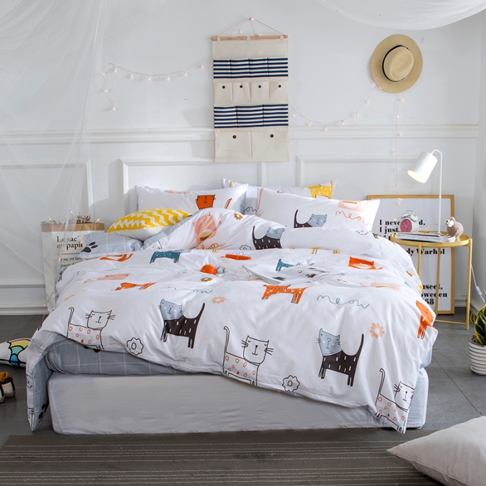 91家纺网 家纺一手货源 找家纺 时年家纺 全棉13372宜家风小清新三件套四件套喵星人