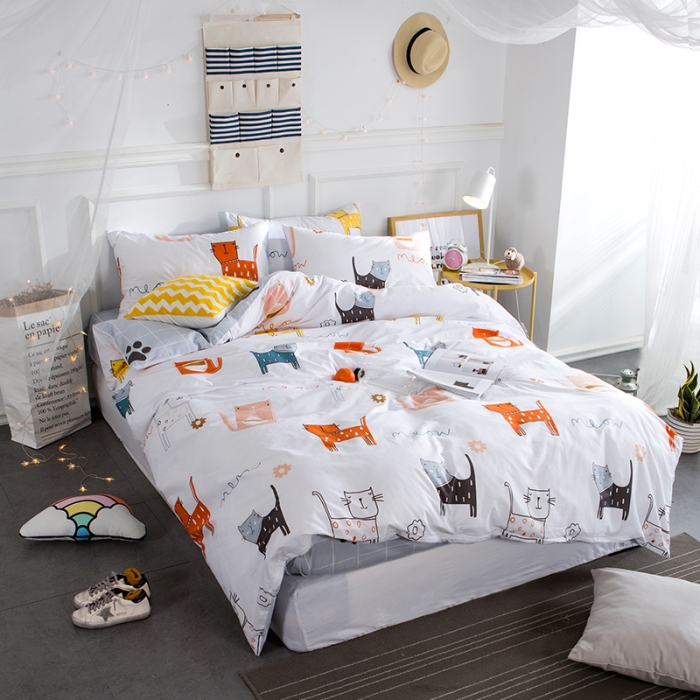 91家纺网 家纺一手货源 找家纺 时年家纺 全棉13372宜家风小清新三件套四件套喵星人