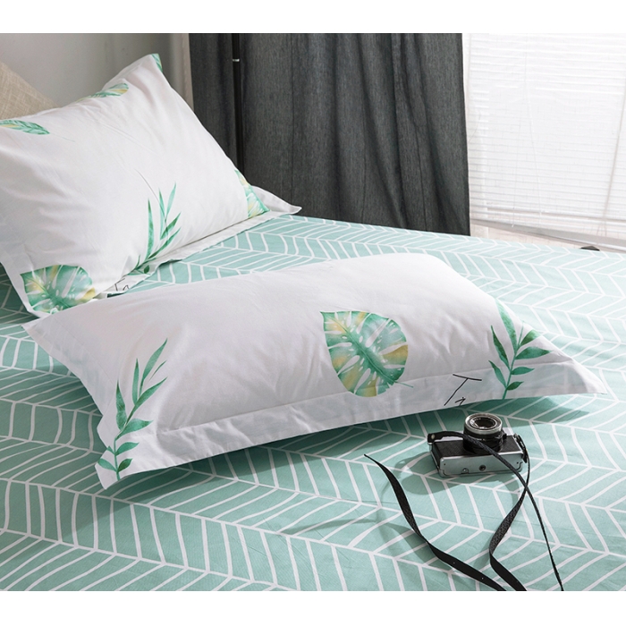 91家纺网 家纺一手货源 找家纺 时年家纺 2018新款全棉四件套床单款简绿青叶