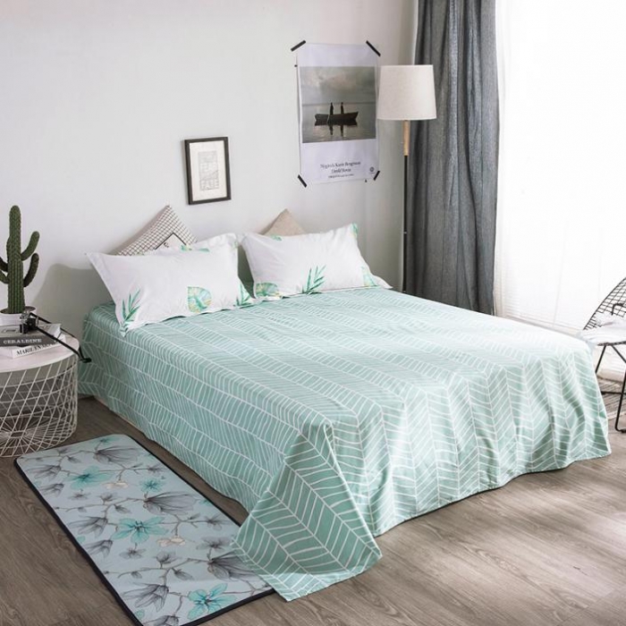 91家纺网 家纺一手货源 找家纺 时年家纺 2018新款全棉四件套床单款简绿青叶