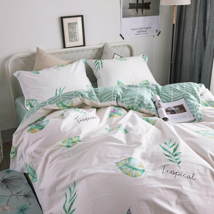 91家纺网 家纺一手货源 找家纺 时年家纺 2018新款全棉四件套床单款简绿青叶