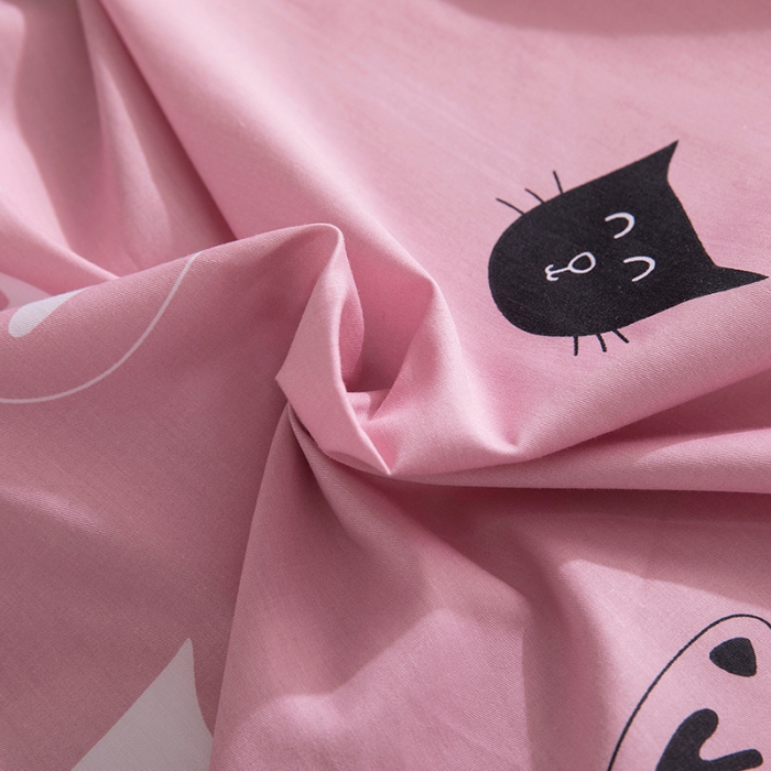91家纺网 家纺一手货源 找家纺 时年家纺 2018新款全棉四件套床单款猫咪宝贝-粉