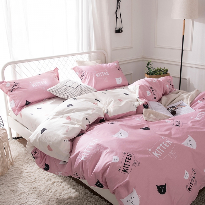 91家纺网 家纺一手货源 找家纺 时年家纺 2018新款全棉四件套床单款猫咪宝贝-粉