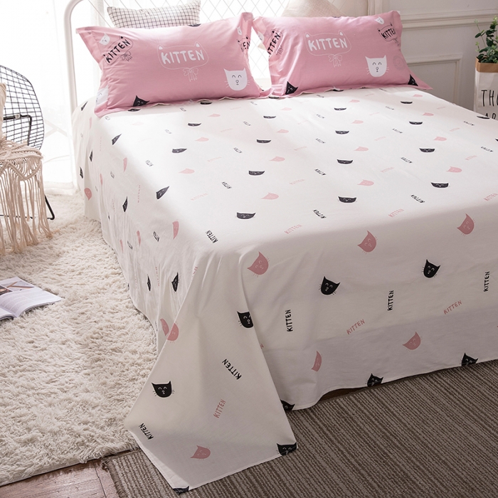 91家纺网 家纺一手货源 找家纺 时年家纺 2018新款全棉四件套床单款猫咪宝贝-粉