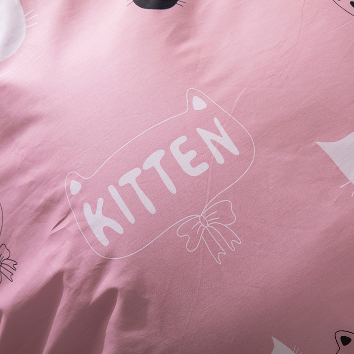 91家纺网 家纺一手货源 找家纺 时年家纺 2018新款全棉四件套床单款猫咪宝贝-粉