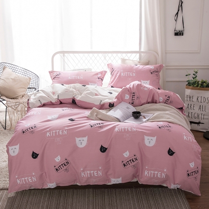时年家纺 2018新款全棉四件套床单款猫咪宝贝-粉