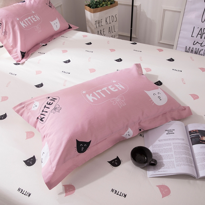91家纺网 家纺一手货源 找家纺 时年家纺 2018新款全棉四件套床单款猫咪宝贝-粉