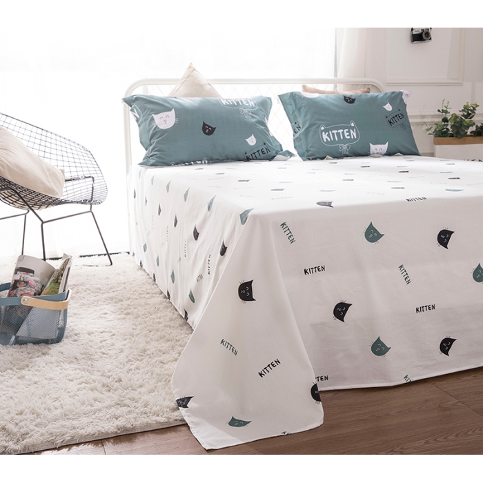 91家纺网 家纺一手货源 找家纺 时年家纺 2018新款全棉四件套床单款猫咪宝贝-绿