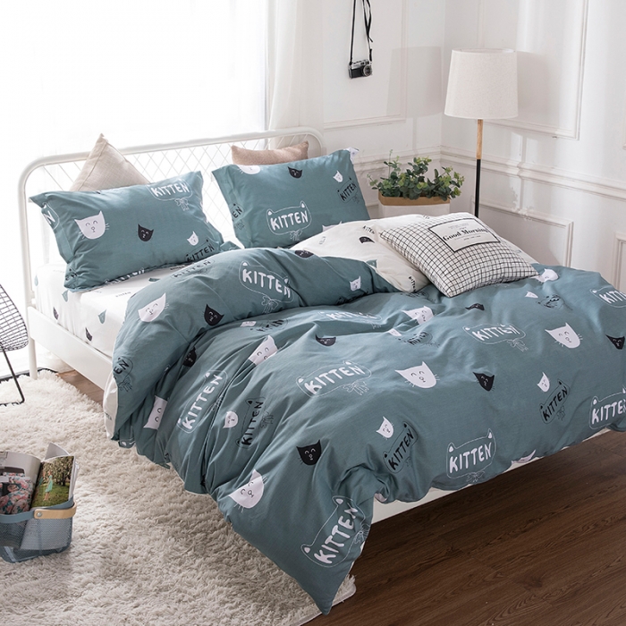 91家纺网 家纺一手货源 找家纺 时年家纺 2018新款全棉四件套床单款猫咪宝贝-绿