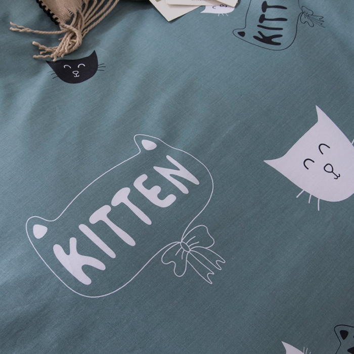 91家纺网 家纺一手货源 找家纺 时年家纺 2018新款全棉四件套床单款猫咪宝贝-绿