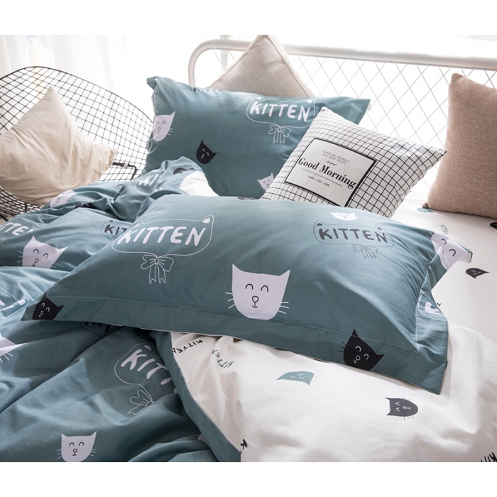 91家纺网 家纺一手货源 找家纺 时年家纺 2018新款全棉四件套床单款猫咪宝贝-绿