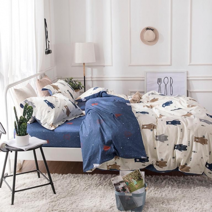 91家纺网 家纺一手货源 找家纺 时年家纺 2018新款全棉四件套床单款森林小熊