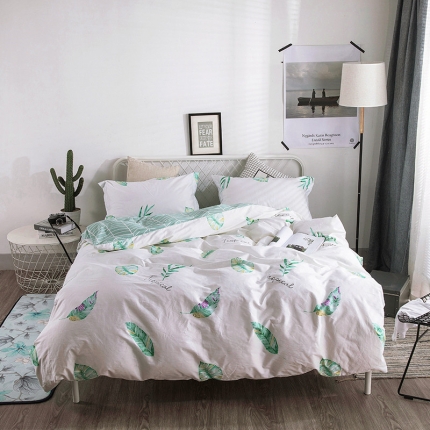 时年家纺 2018新款全棉四件套床单款简绿青叶