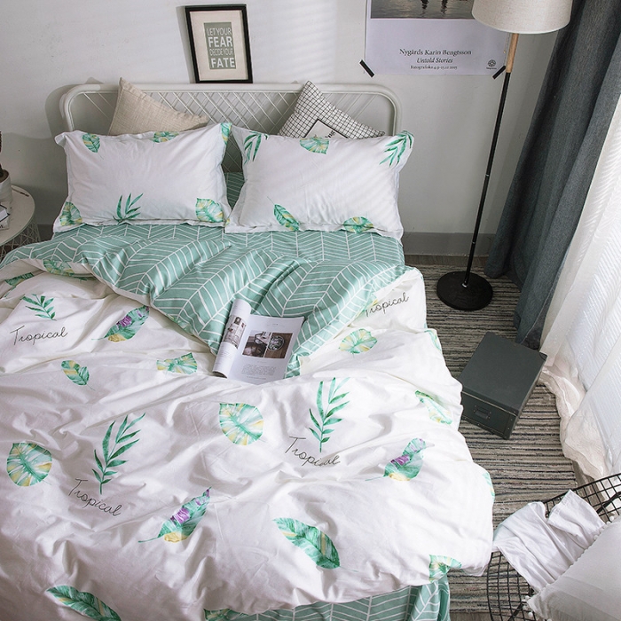 91家纺网 家纺一手货源 找家纺 时年家纺 2018新款全棉四件套床单款简绿青叶