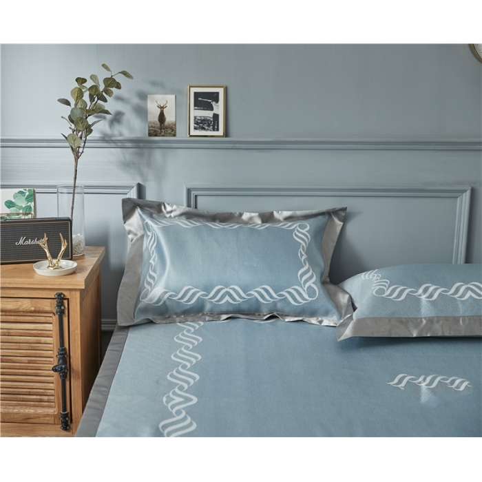 91家纺网 家纺一手货源 找家纺 时年家纺 2018新款冰露丝养生席提花欧式系列 波浪纹-蓝