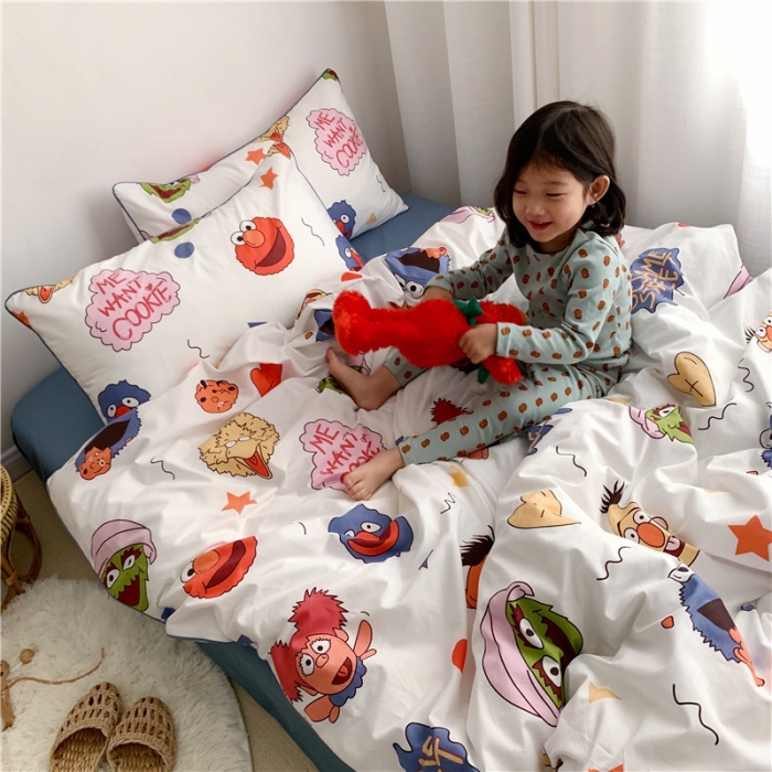 91家纺网 家纺一手货源 找家纺 时年 2021春夏新款嵌绳款全棉四件套 芝麻宝贝蓝卡通儿童