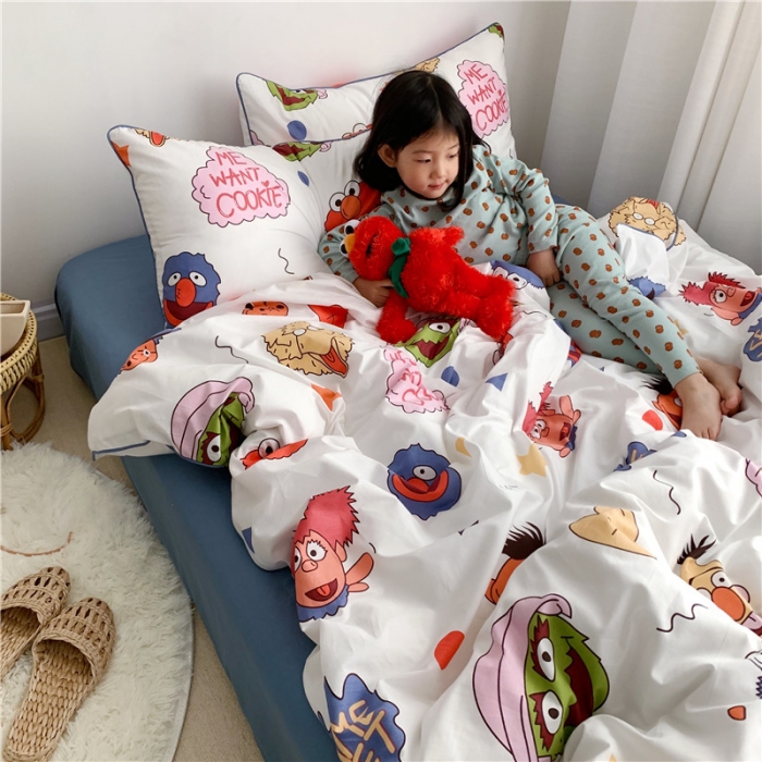 91家纺网 家纺一手货源 找家纺 时年 2021春夏新款嵌绳款全棉四件套 芝麻宝贝蓝卡通儿童