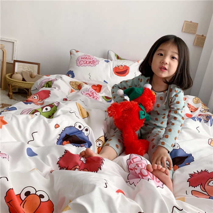 91家纺网 家纺一手货源 找家纺 时年 2021春夏新款嵌绳款全棉四件套 芝麻宝贝蓝卡通儿童