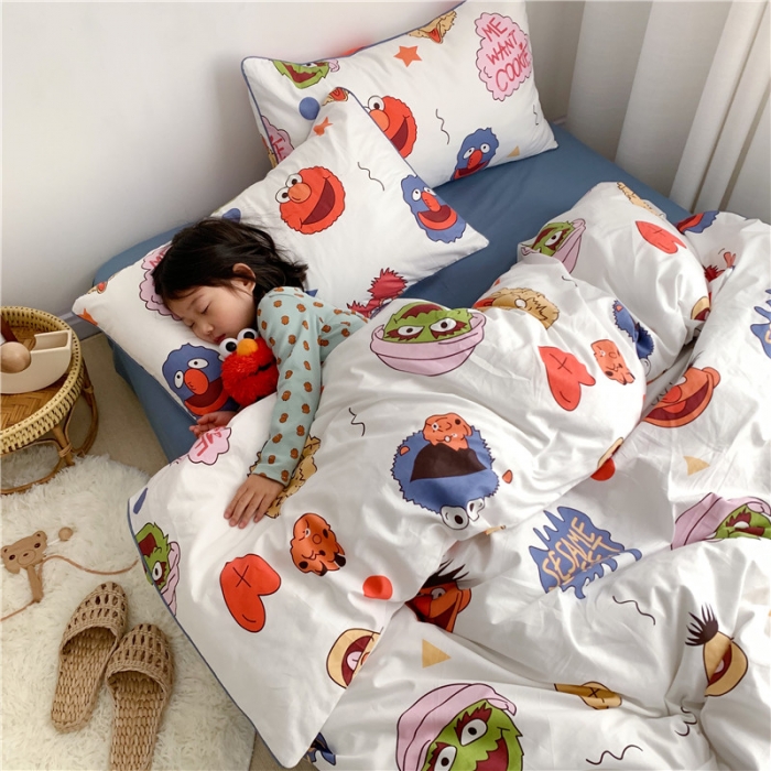 91家纺网 家纺一手货源 找家纺 时年 2021春夏新款嵌绳款全棉四件套 芝麻宝贝蓝卡通儿童